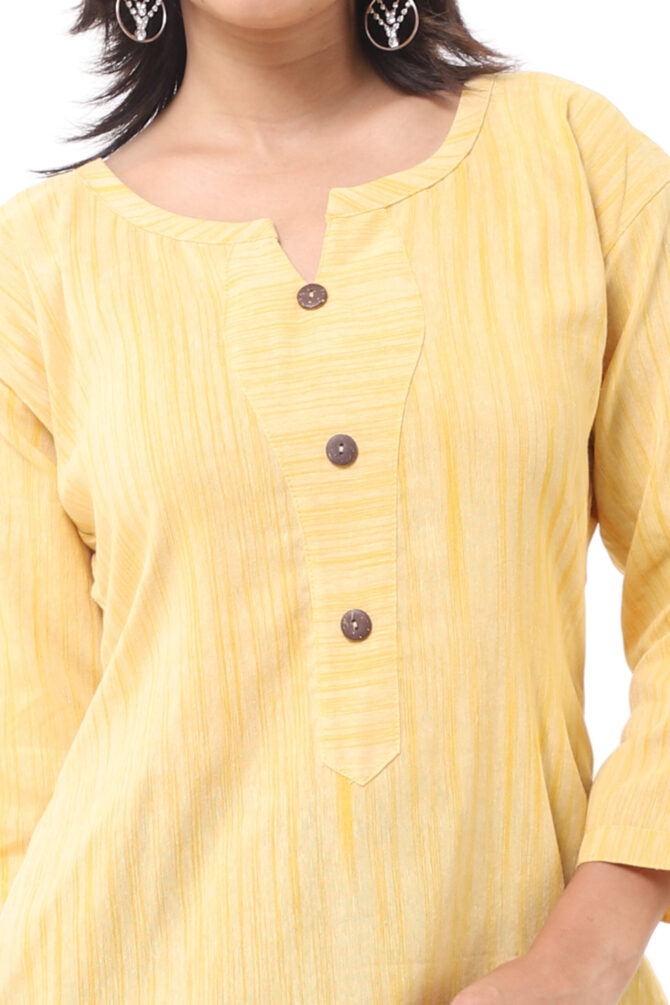 Women's Khadi Cotton Yellow V-Neck Kurti - Image 4