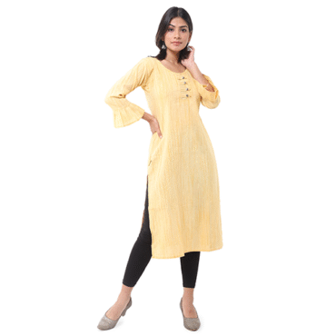 Women's Khadi Cotton Yellow V-Neck Kurti